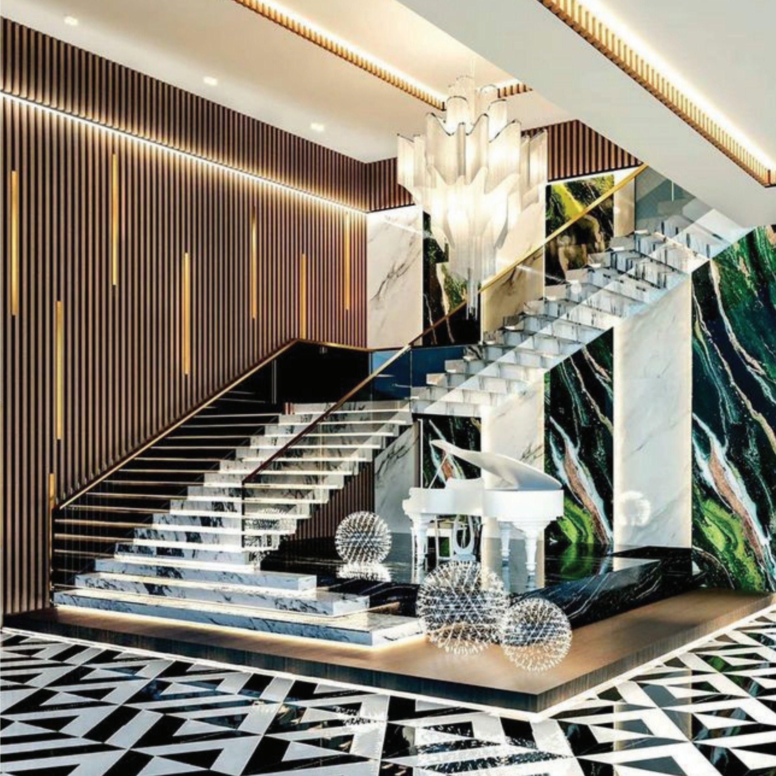 Nội thất sang trọng ốp đá marble với cầu thang cẩm thạch